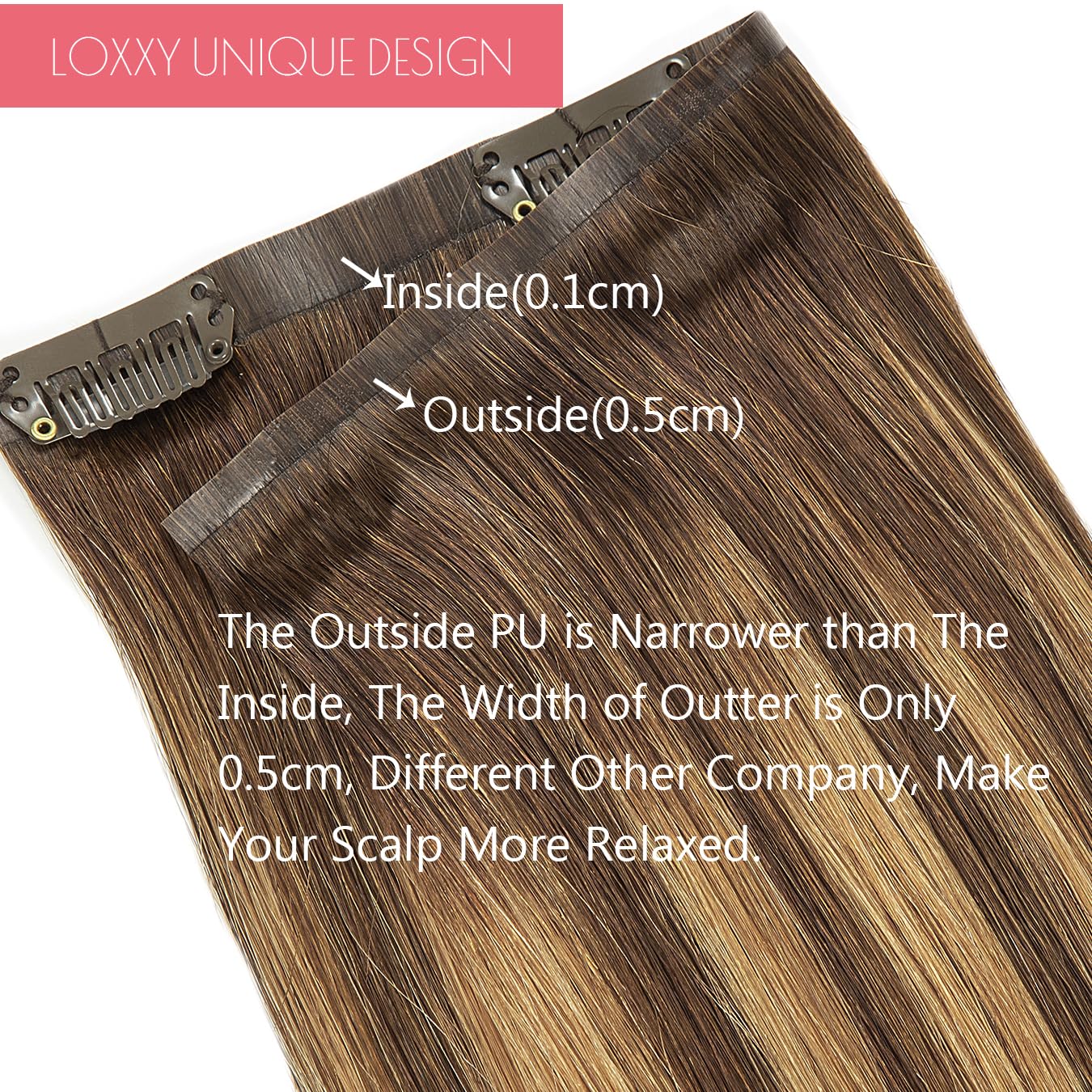 Loxxy – Extensiones de cabello humano Remy, sin costuras, con clip, color marrón chocolate mezclado con rubio caramelo, trama invisible de