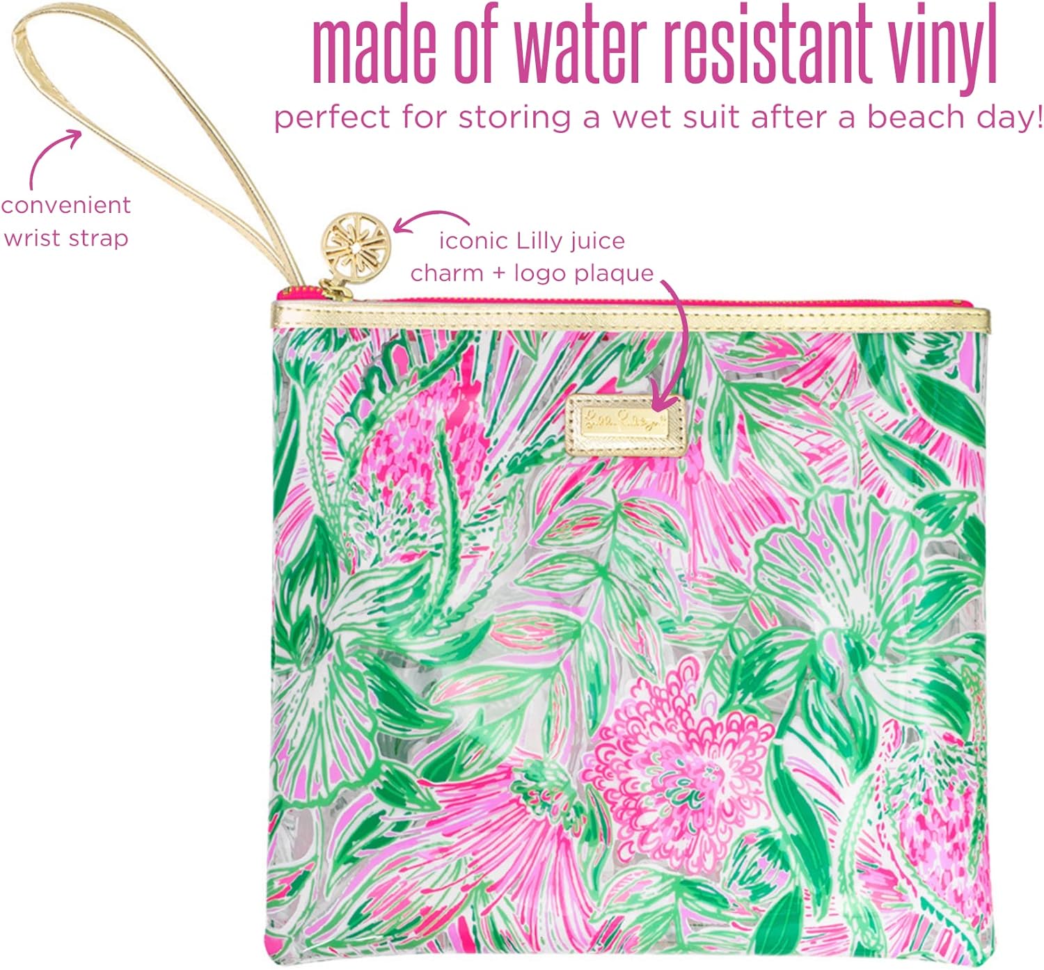 Lilly Pulitzer Bolsa de vinilo resistente al agua, bolsa con cremallera que incluye soporte para bebidas, bolsa pequeña y clips para toallas