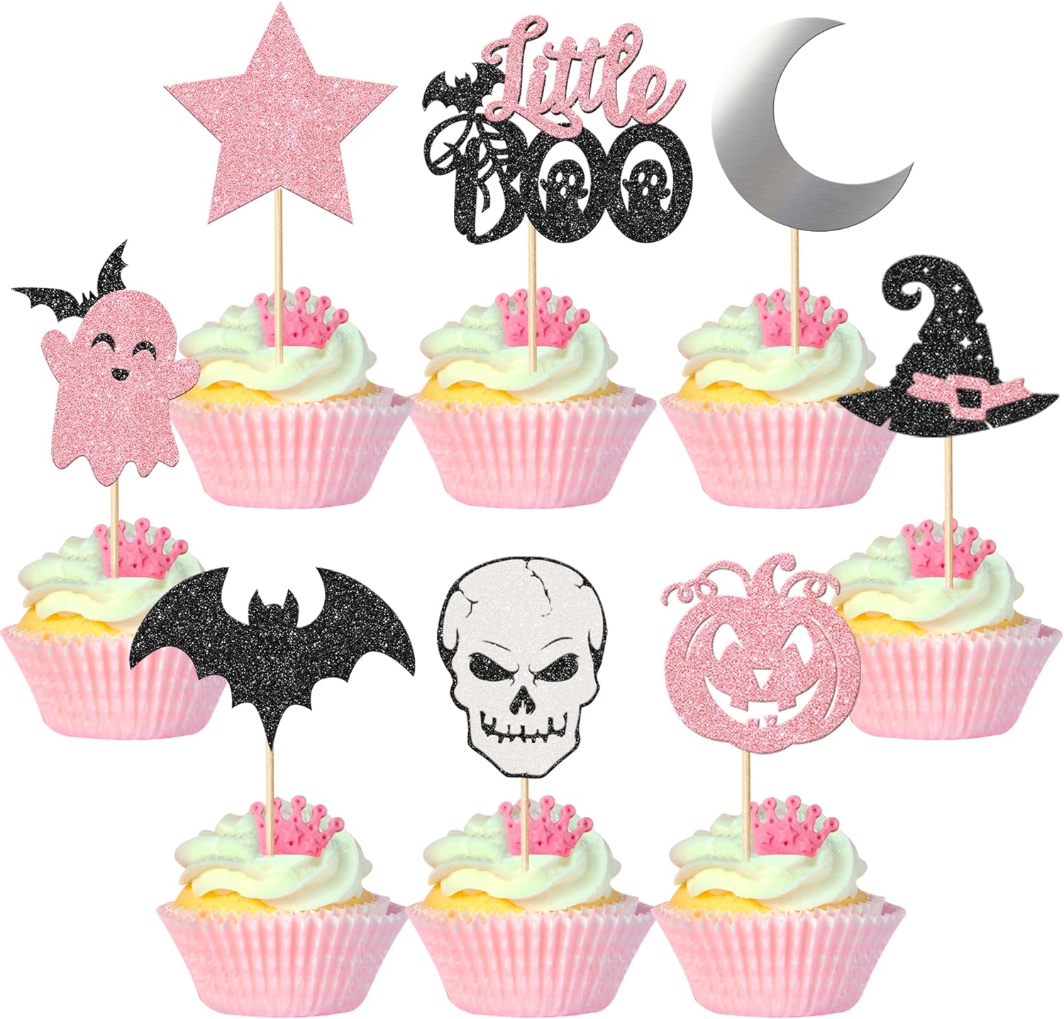 Rsstarxi Paquete de 32 adornos para cupcakes de Halloween, color rosa y negro, murciélago, fantasma, pequeño abucheo, cupcakes, palillos de comida