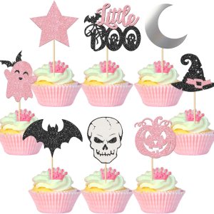 Rsstarxi Paquete de 32 adornos para cupcakes de Halloween, color rosa y negro, murciélago, fantasma, pequeño abucheo, cupcakes, palillos de comida Rsstarxi Paquete de 32 adornos para cupcakes de Halloween, color rosa y negro, murciélago, fantasma, pequeño abucheo, cupcakes, palillos de comida