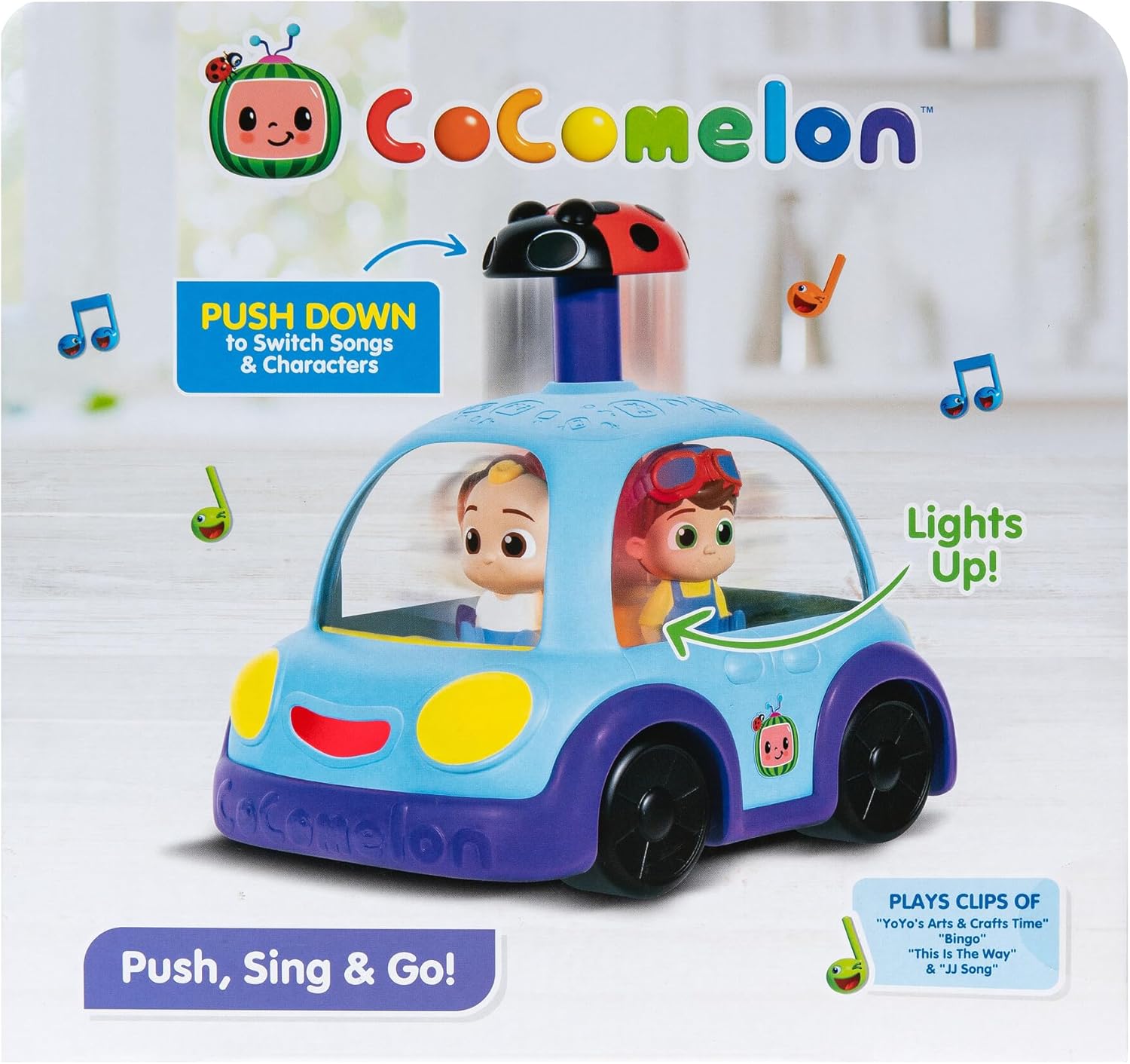 CoComelon Push ‘N Sing – Coche familiar interactivo musical iluminado, personajes favoritos de los fanáticos y clips de canción, juguetes para niños