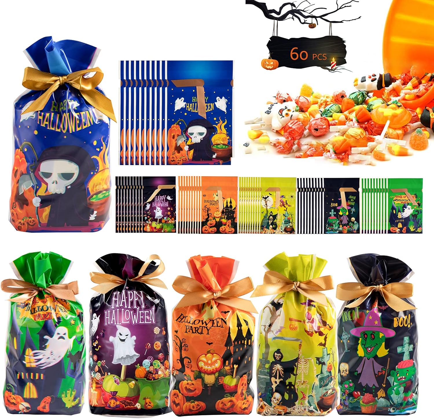 60 bolsas de Halloween con cordón para golosinas, bolsa de golosinas de Halloween para dulce o truco, bolsas de dulces de Halloween, suministros de
