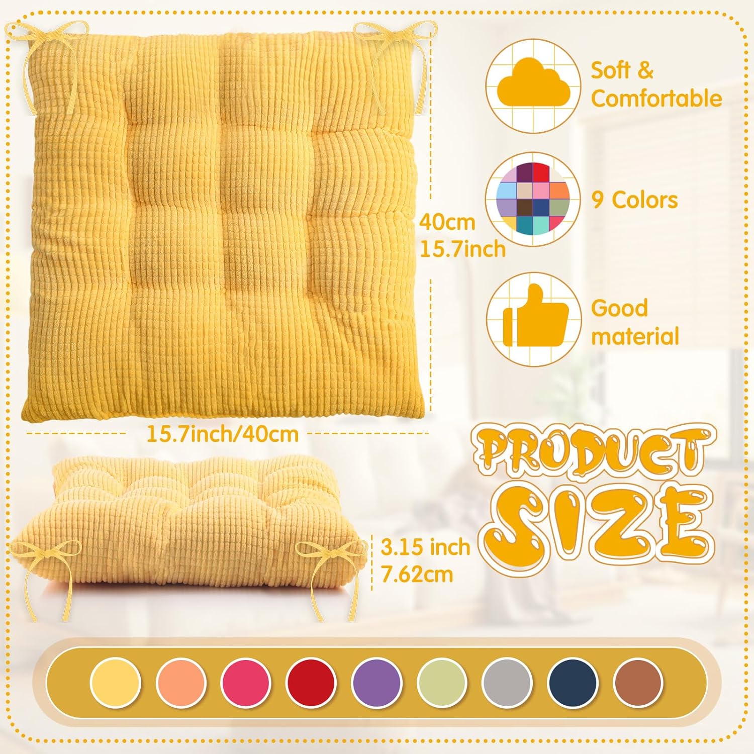 Paquete de 9 cojines para silla con lazos de 15.7 pulgadas de grosor, almohadillas cuadradas para sillas de cocina, para interiores y exteriores,