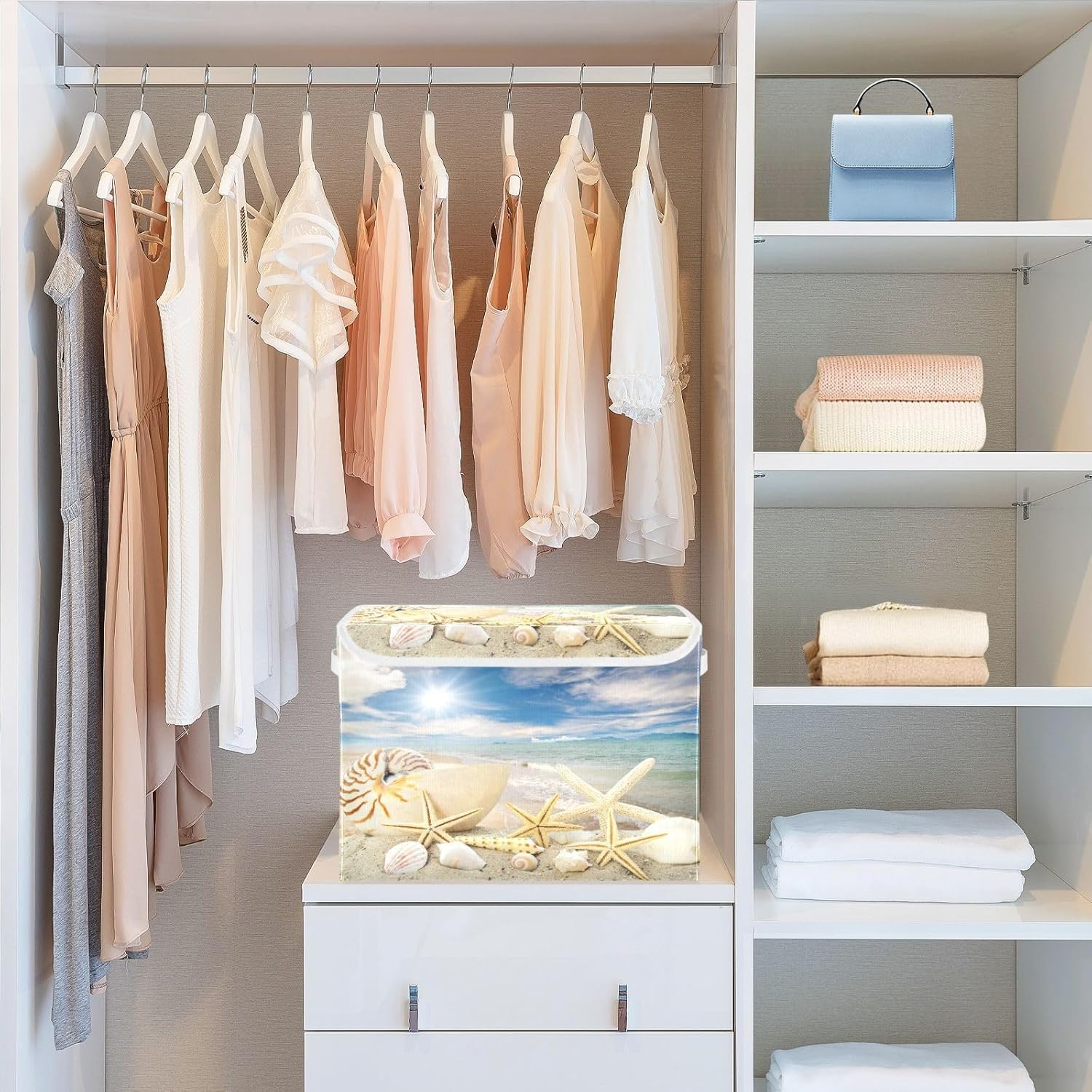 DIGTIA Contenedores de almacenamiento de concha de mar con tapas grandes y plegables con asas, maravillosa caja de almacenamiento plegable de tela