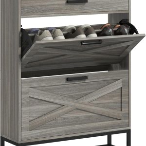 HOMCOM Armario estrecho para zapatos, armario industrial de almacenamiento de zapatos con 2 cajones abatibles, estantes ajustables y cajón superior, HOMCOM Armario estrecho para zapatos, armario industrial de almacenamiento de zapatos con 2 cajones abatibles, estantes ajustables y cajón superior,