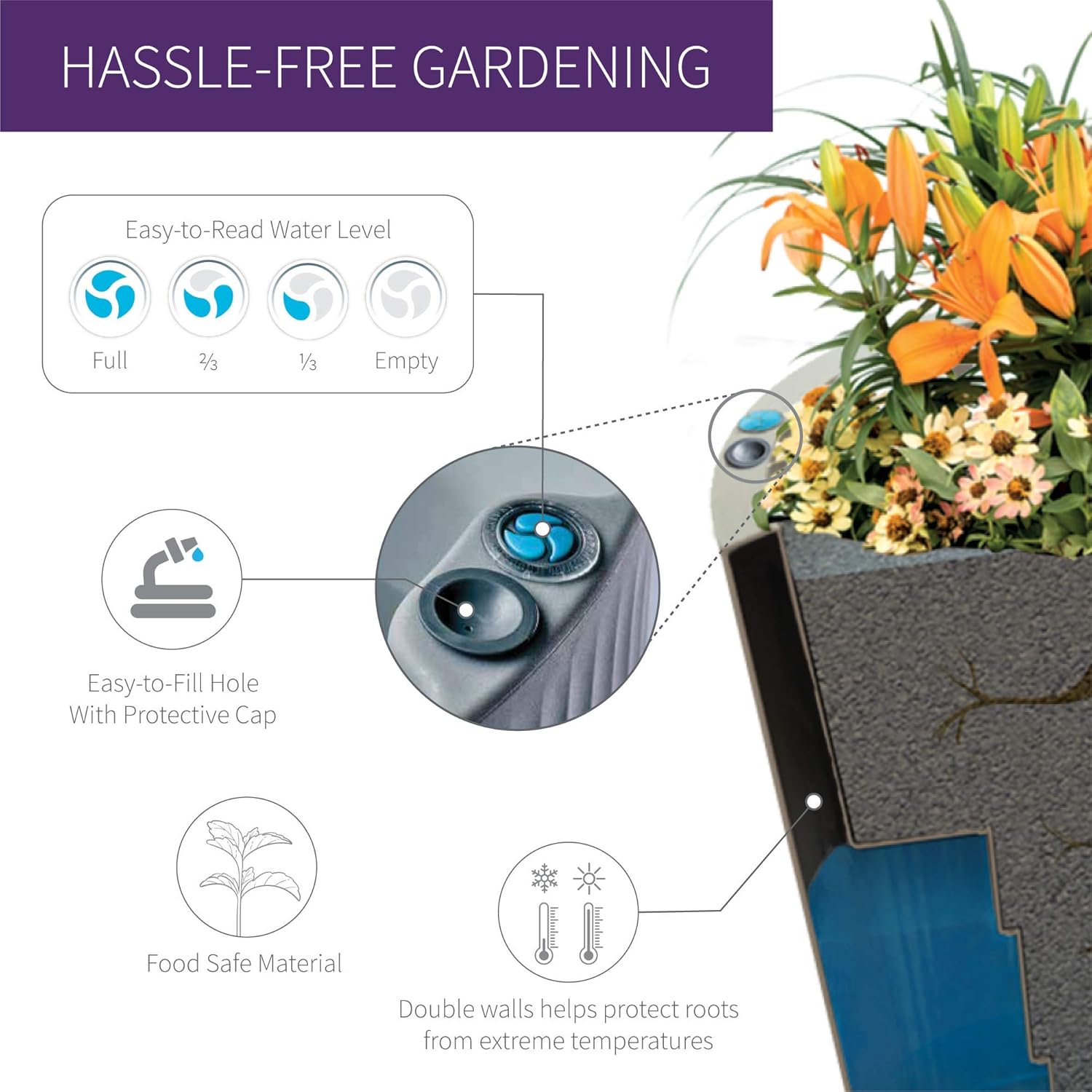 Crescent Garden Maceta de autorriego para interiores y exteriores, negro caviar, 16 pulgadas, 26″, Ceniza