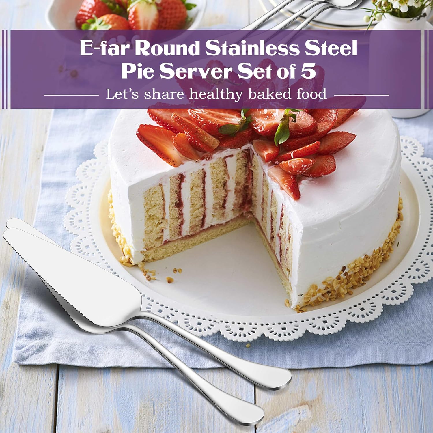 E-far – Servidor de pastel de 5 piezas, cortador de espátula de acero inoxidable para pastelería queso pizza, borde dentado con mango redondo,