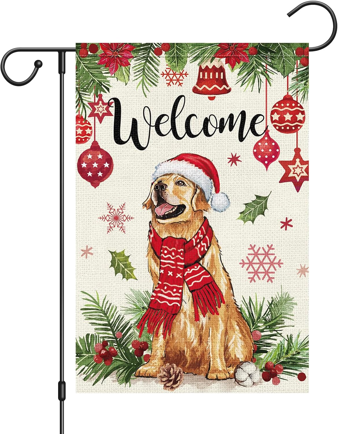 Bandera navideña de bienvenida para jardín, 12 x 18 pulgadas, arpillera de doble cara de perro Golden Retriever con sombrero de Navidad, banderas de