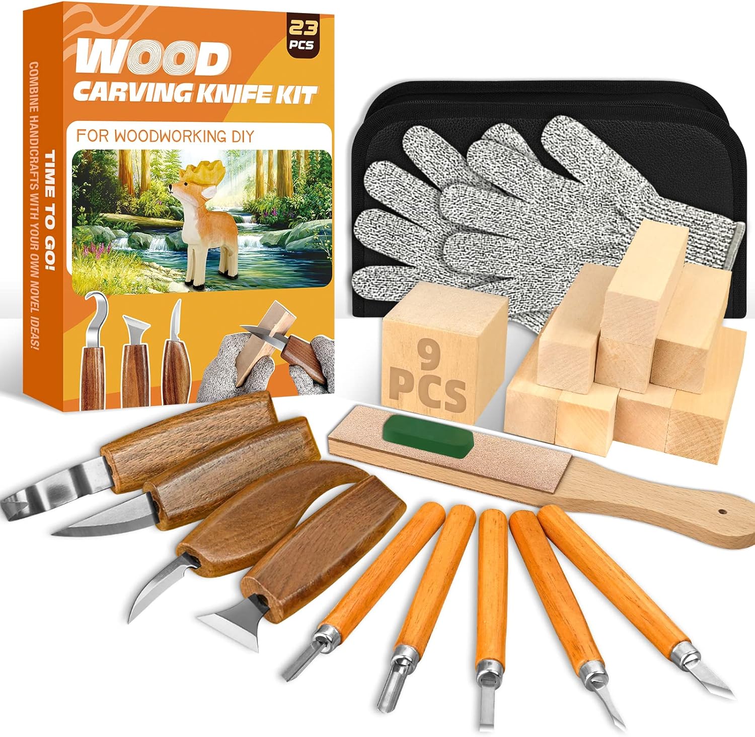Kit de tallado de madera, 23 piezas de herramienta de tallado de madera con 4 cuchillos de tallado de madera y 5 cuchillos de detalle, 9 bloques de