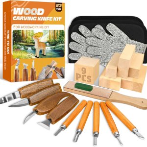 Kit de tallado de madera, 23 piezas de herramienta de tallado de madera con 4 cuchillos de tallado de madera y 5 cuchillos de detalle, 9 bloques de Kit de tallado de madera, 23 piezas de herramienta de tallado de madera con 4 cuchillos de tallado de madera y 5 cuchillos de detalle, 9 bloques de