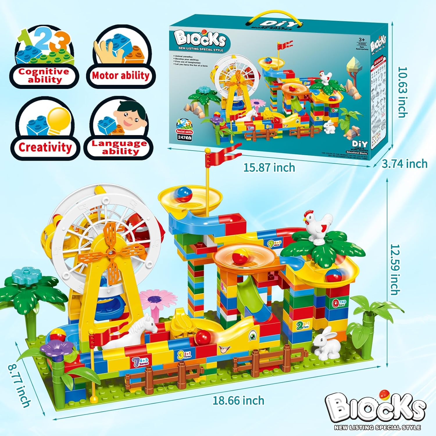Bloques de construcción de Marble Run para niños a partir de 3 años, 247 piezas de rueda de la fortuna de mármol, laberinto de mármol, juego de