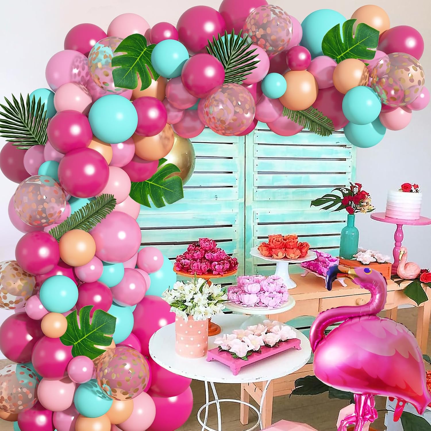 Kit de guirnalda de arco de globos de flamenco tropical de 40 pulgadas, globos de flamenco, globos de confeti rosa intenso, hojas de palma tropical,