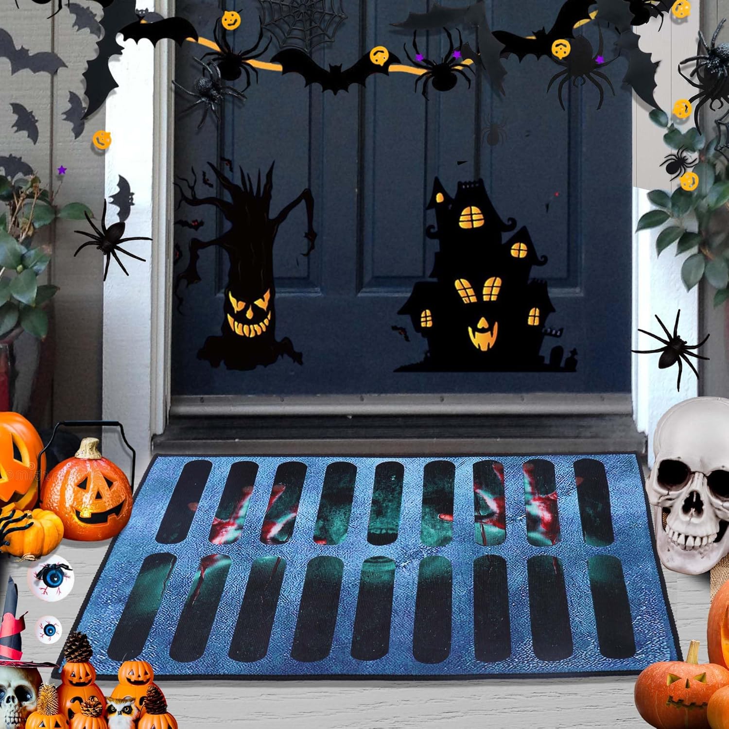 Vodolo Tapete para puerta de Halloween, tapete de terror 3D, decoración de Halloween, para interiores y exteriores, tapete de goma antideslizante
