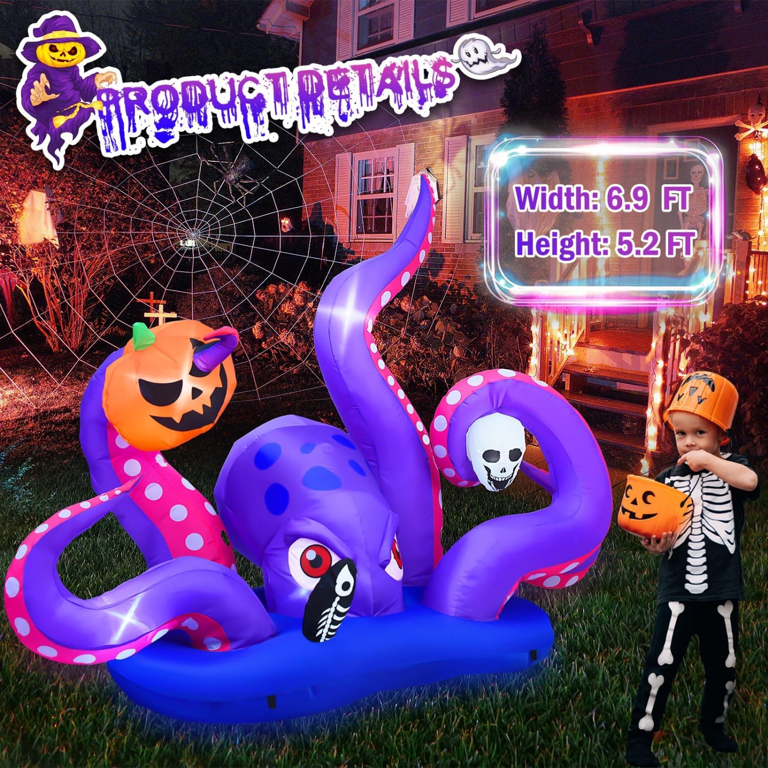 Pulpo gigante inflable de Halloween con calabaza y calavera para decoración de Halloween al aire libre, decoración inflable de Halloween con LED