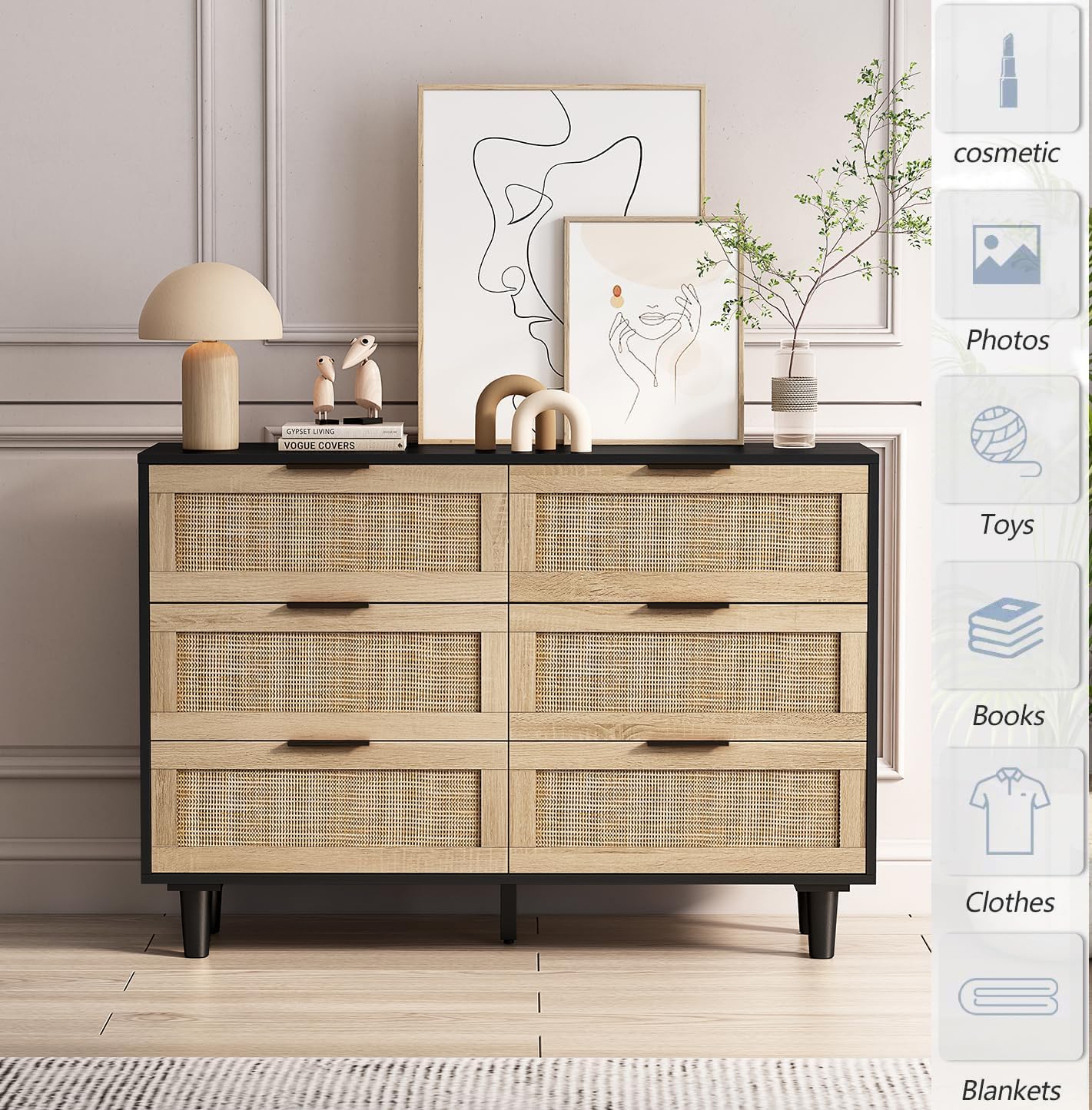 Cómoda de 43 pulgadas de ancho para dormitorio, cómoda de mediados de siglo para sala de estar, cómoda moderna con 6 cajones, mango de metal negro y