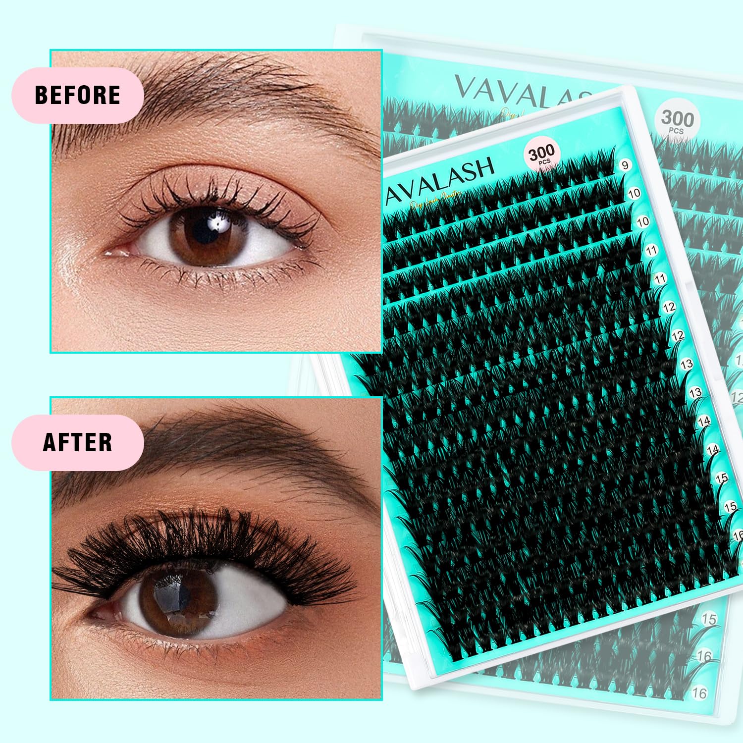 VAVALASH – Extensiones de pestañas en racimo individuales 50D-0.07-D 9-16mm, 300 unidades, de visón sintético, extensiones de pestañas postizas en