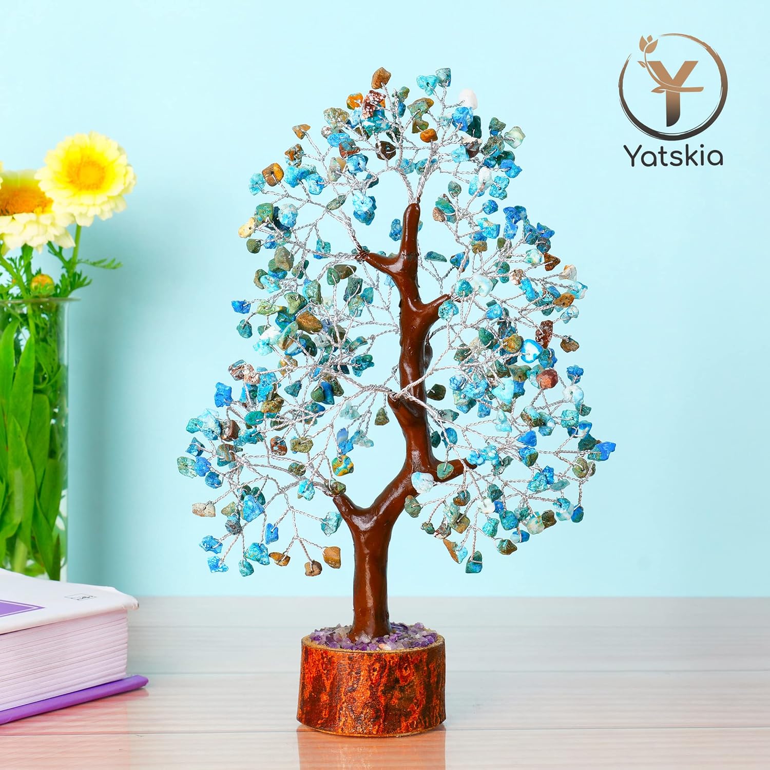 YATSKIA – Árbol de cristal turquesa Feng Shui, alambre, bonsái Buhha, estatua reiki, Chakra curativo energía positiva, buena suerte dinero regalos
