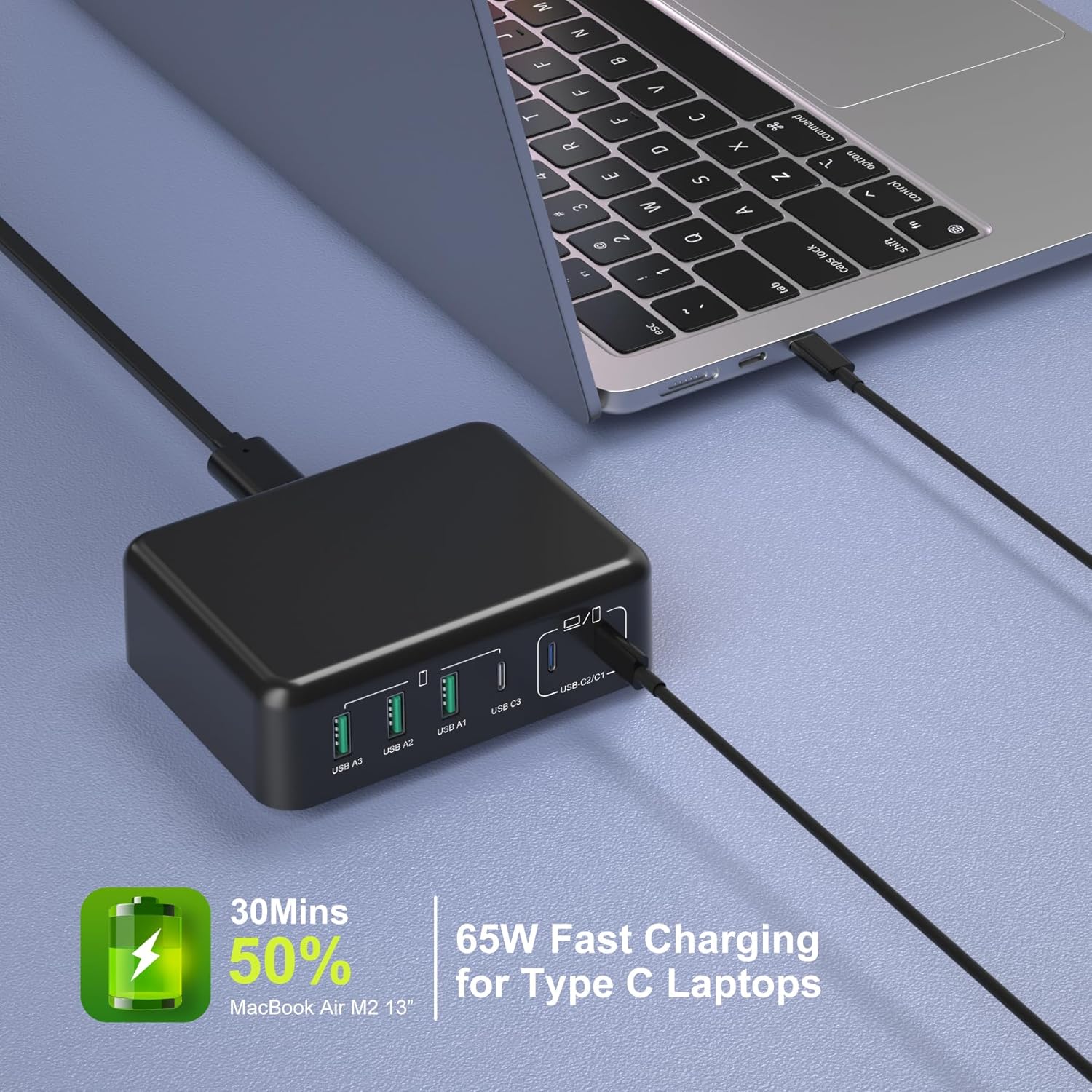 Cargador USB C de 165 W con cable USB C a C de 6 pies, Excgood GaN 6 puertos múltiples USB estación de carga rápida de 65 W tipo C, bloque de