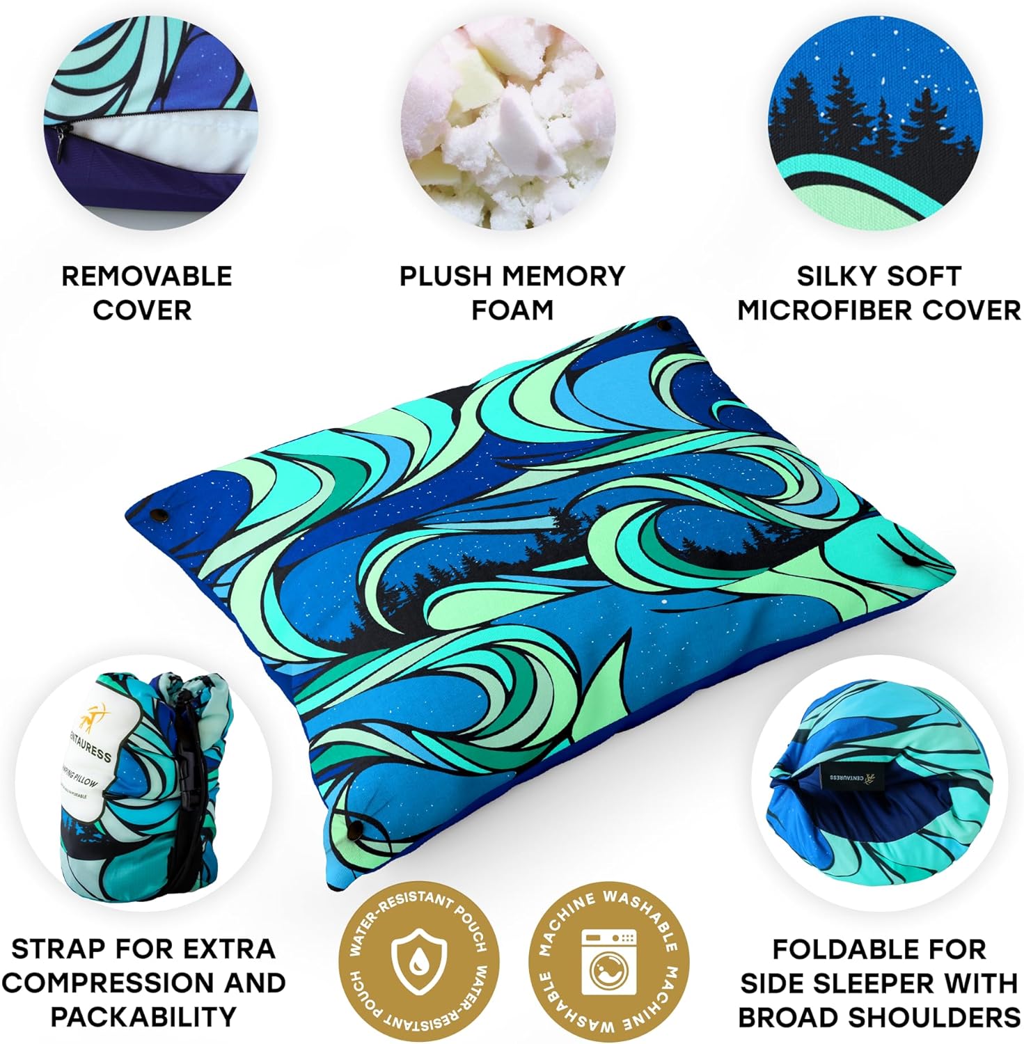 Almohada de espuma viscoelástica de viaje y campamento  Almohada de campamento con funda lavable a máquina  Almohada de viaje con bolsa + correa