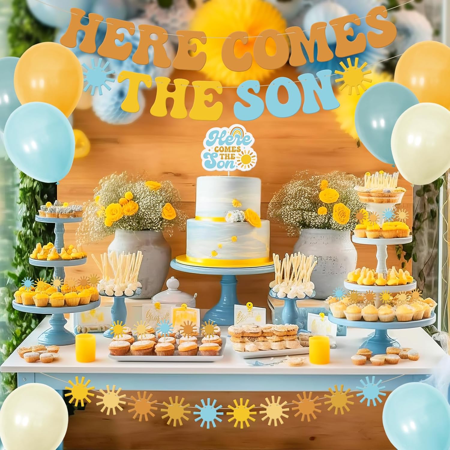 Sinasasspel Decoraciones de baby shower con el texto en inglés Here Comes the Son (Here Comes the Son), decoración minimalista para cupcakes, globos