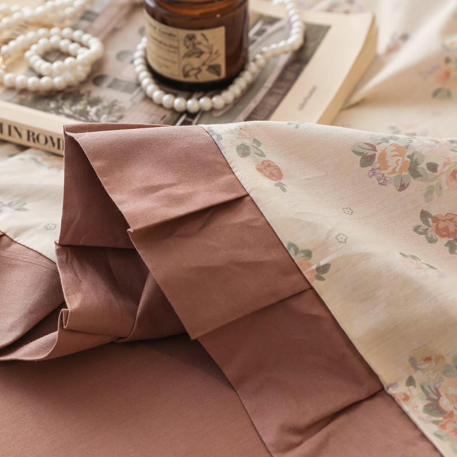 Juego de fundas de edredón con estampado de flores de tamaño individual con volantes rosa pálido, suave, vintage, 100% algodón, para niñas y niños,