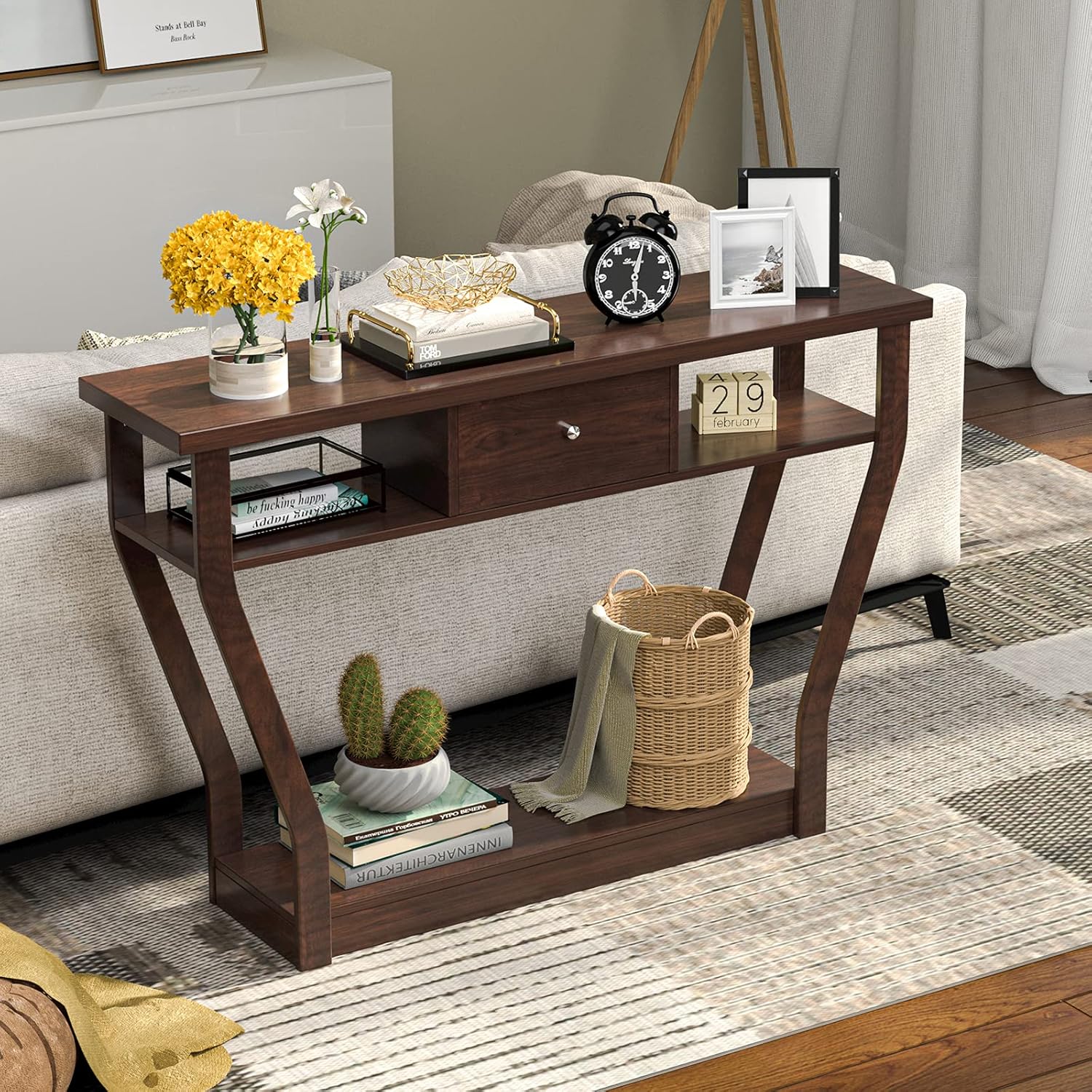 WATERJOY Mesa decorativa de madera moderna de 47 pulgadas con cajón, estante inferior, muebles multifuncionales para el hogar, sala de estar,