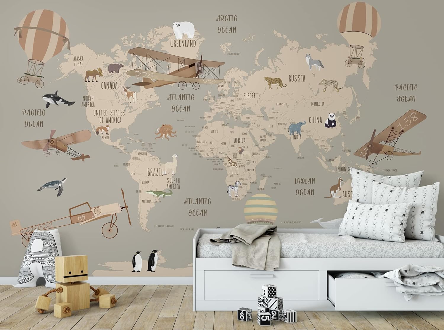 Kids Map Wallpaper World Map Wall Mural Beige Map Wallpaper Map Wall Art Airplane Hot Air Balloon Wall Print Kids Room Wallpaper Mural