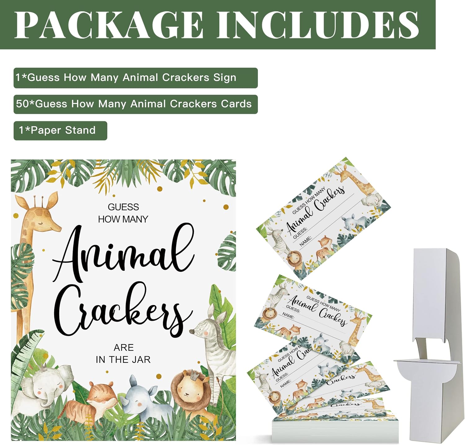 50 juegos de safari para baby shower, Safari Guess How Many Animal Crackers tarjetas de juego con letrero, juegos de baby shower en la selva,