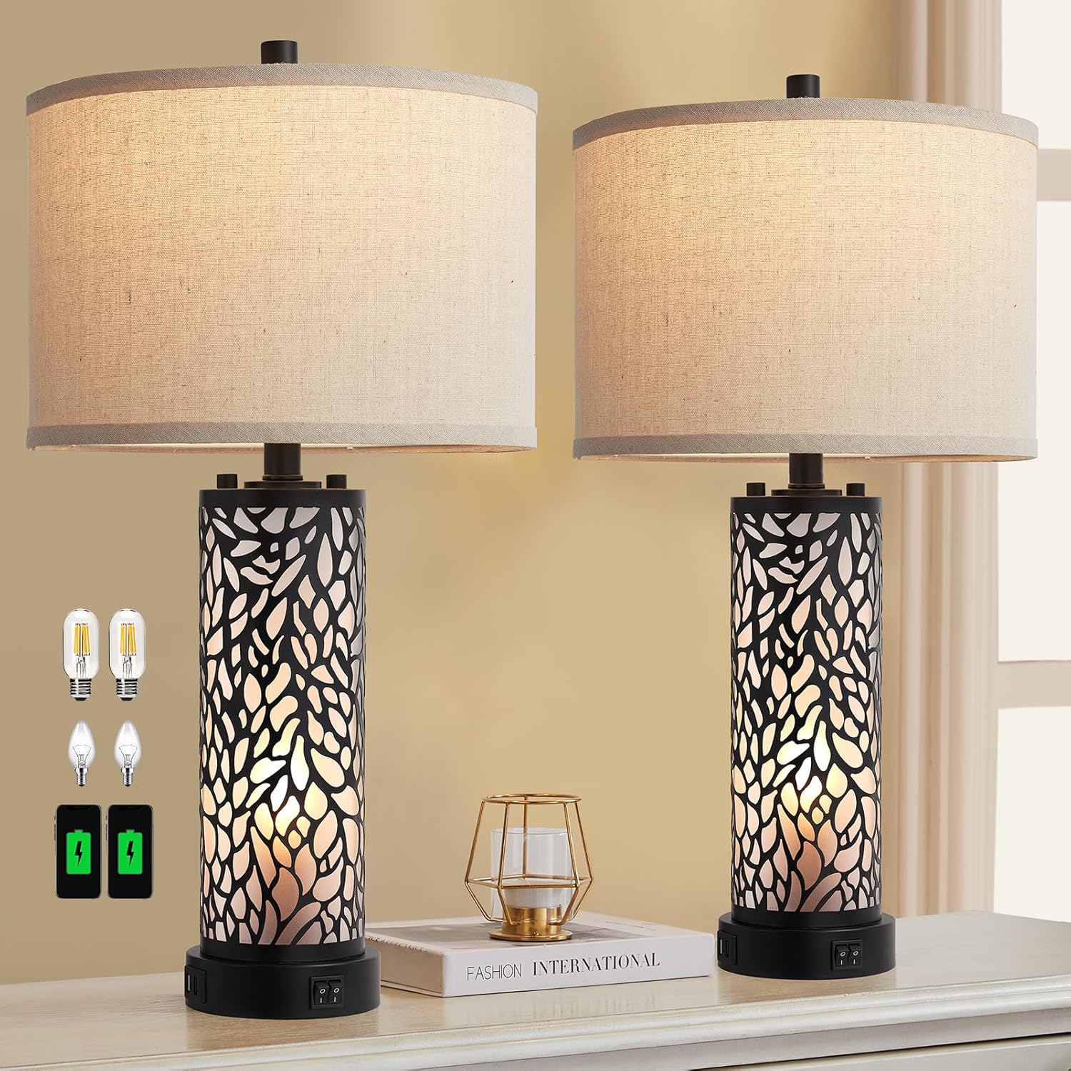 RORIANO Juego de 2 lámparas de mesa modernas para sala de estar con 2 puertos de carga USB, luz nocturna de vidrio esmerilado blanco para