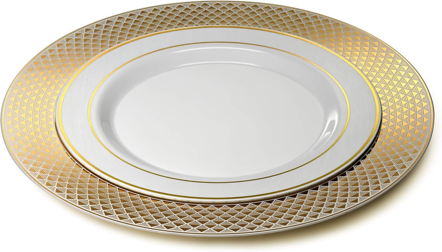 “Ocasiones” Paquete de 120 cargadores de plástico desechables para bodas, fiestas, 12 pulgadas, (celebra, blanco y dorado)