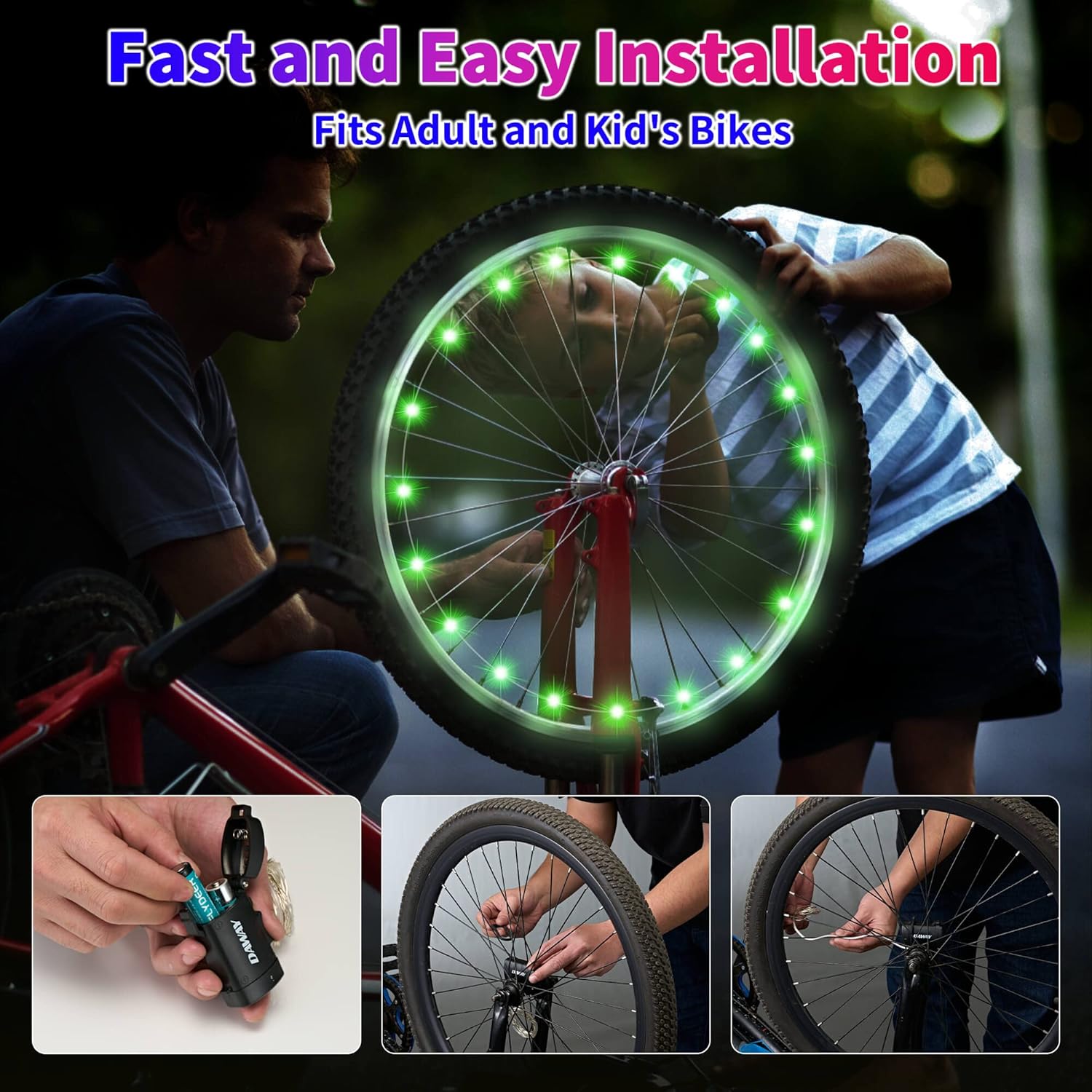 DAWAY Luces LED A01 para rueda de bicicleta, luces brillantes para radios de bicicleta, luces de seguridad impermeables para neumáticos de