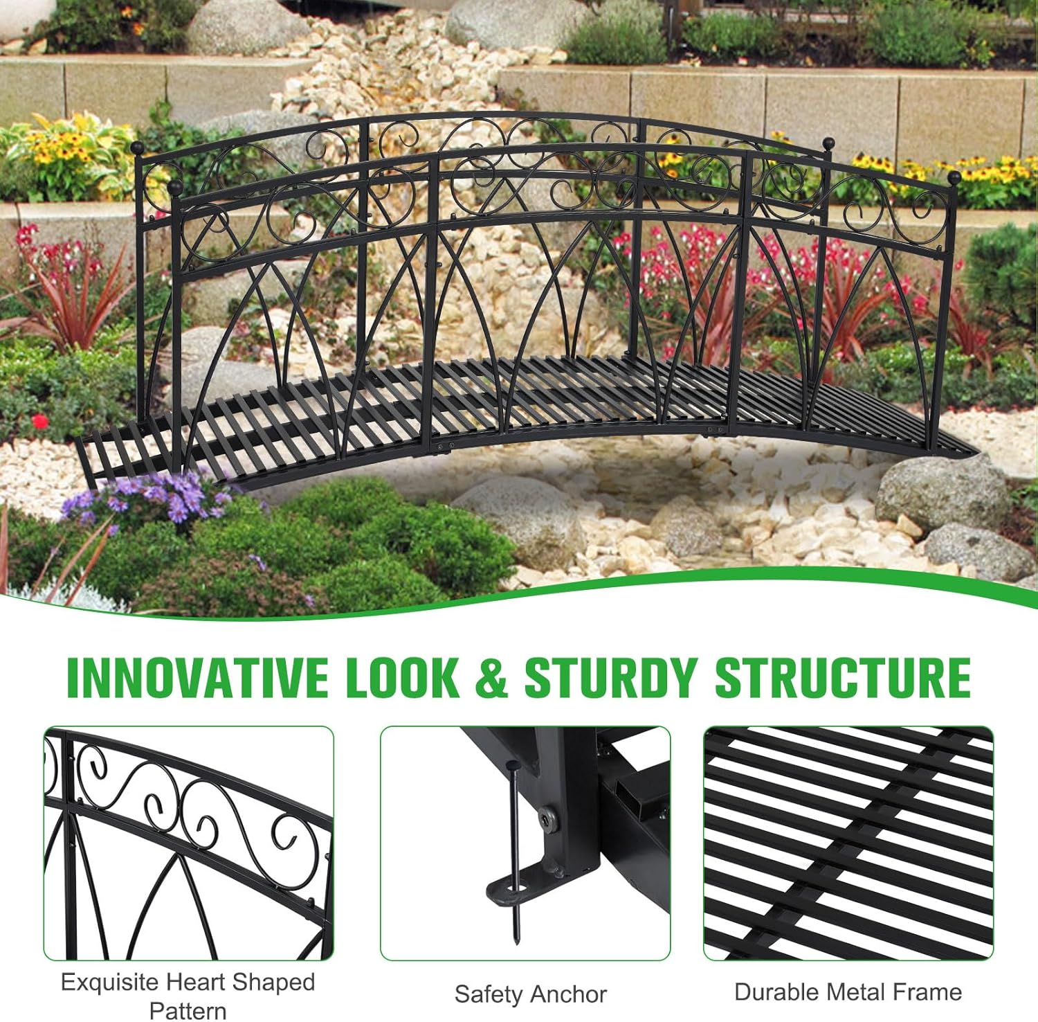 Puente de jardín de metal de 8 pies con carriles laterales con patrones de seguridad, puente de arco de jardín extralargo decorativo para