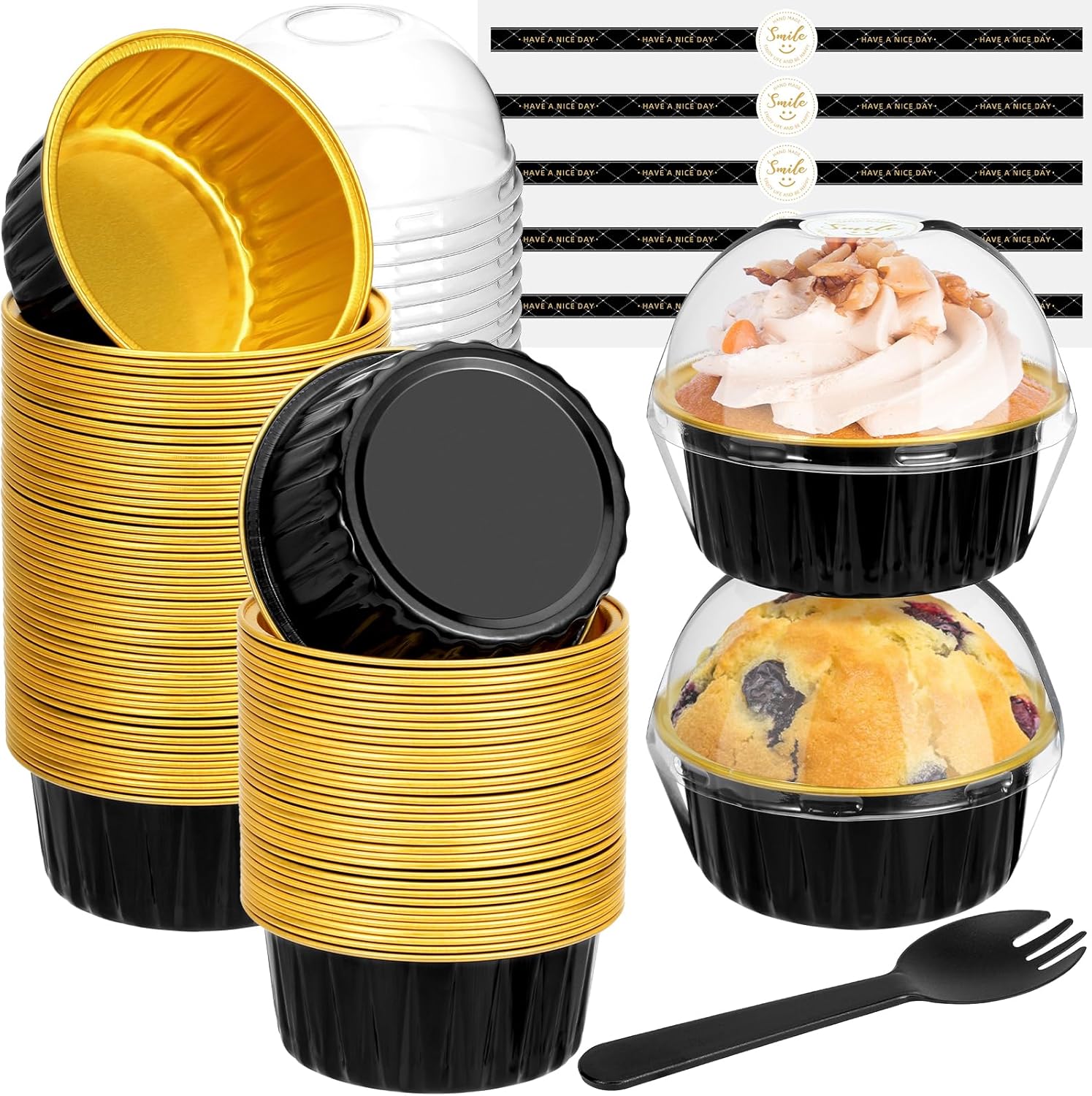 Mini moldes para pasteles con tapas y cucharas (paquete de 100 moldes negros de 5 onzas), moldes desechables redondos  Forros resistentes de