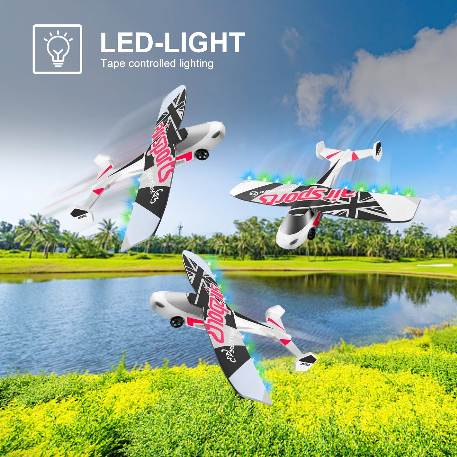 Avión RC, avión de control remoto de 2.4 GHz, vuelo con 2 baterías y hélice estabilizador giroscópico de 6 ejes, luz azul y verde, fácil de volar