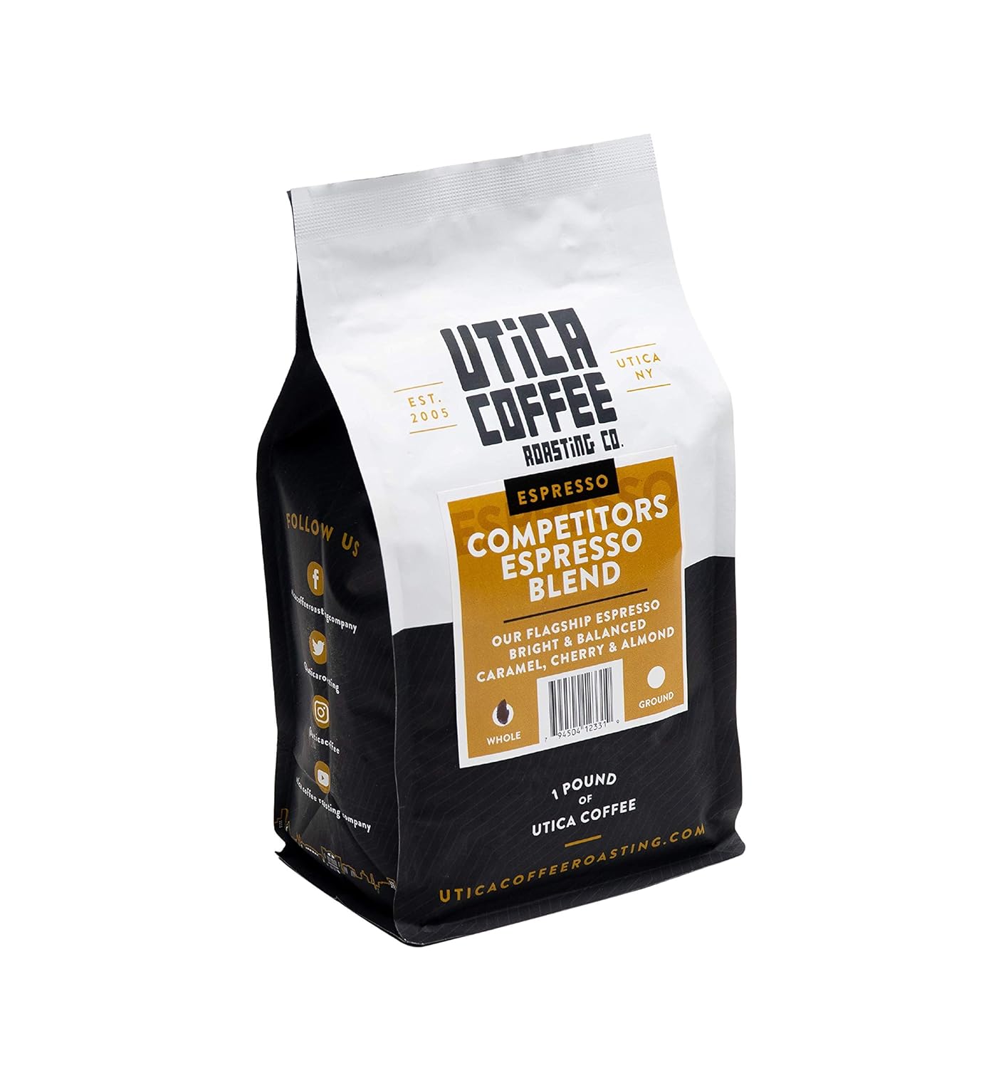 Utica Coffee Roasting Co. Competitor’s Espresso Blend  Café de grano entero de tostado medio especial  Bolsa resellable de 16 onzas