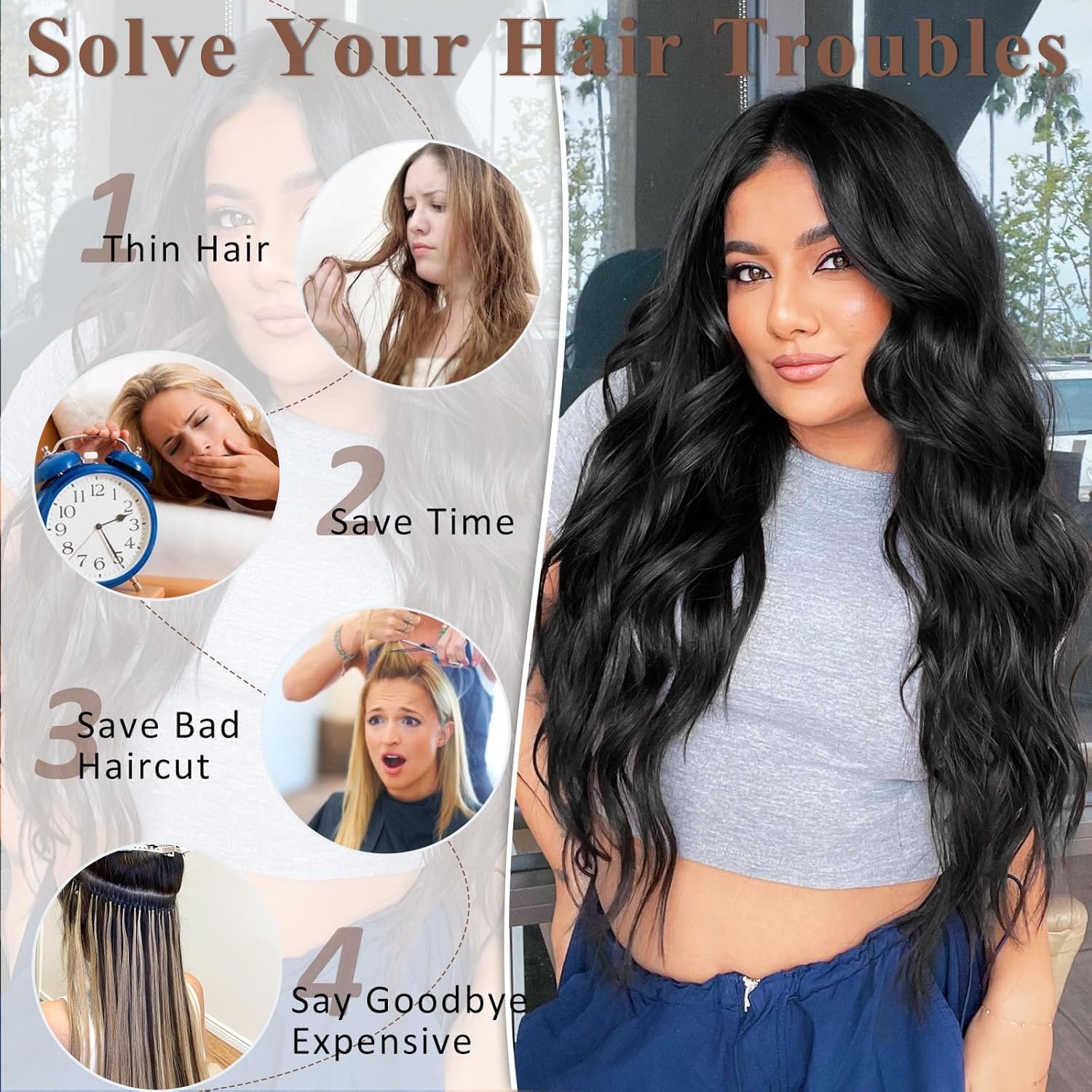 ALXNAN Extensiones de cabello con clip, extensiones de cabello largo ondulado de 20 pulgadas, color negro, 4 piezas gruesas para mujer