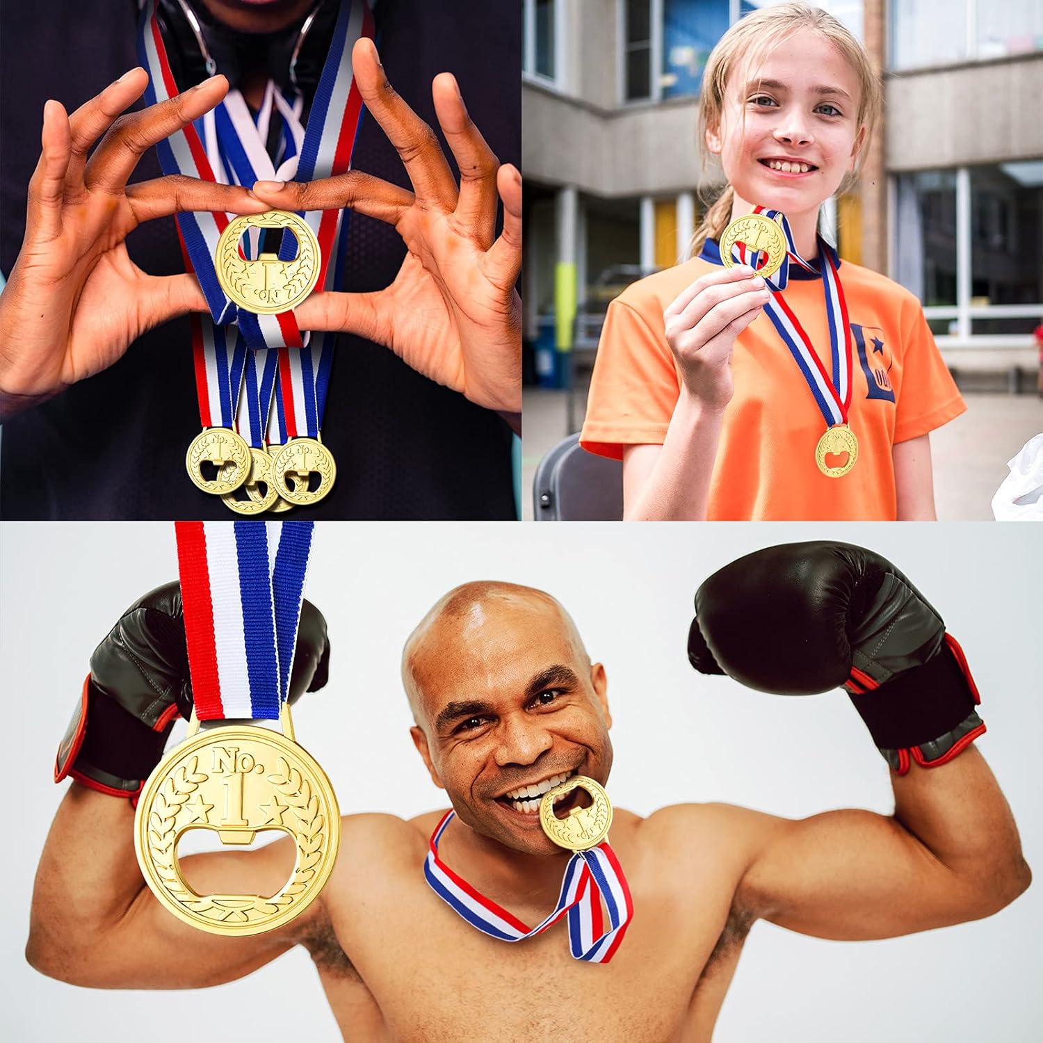 8 piezas de abrebotellas planas en forma de medalla, ganador de premio, medalla de vino, cerveza, abrebotellas olímpicas de metal con cinta para el