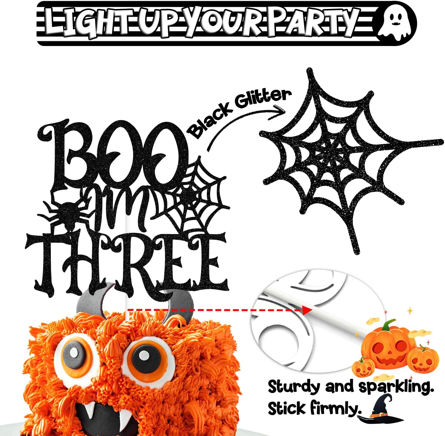 Decoración negra con purpurina I’m Three Cake Top, feliz 3er cumpleañosBaby Boo, decoración de fiesta de baby shower con temática de Halloween para