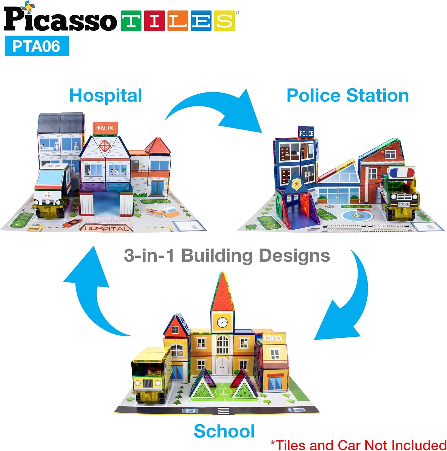 PicassoTiles Juego de 80 piezas para escuela, hospital, estación de policía 3 en 1, imán temático autoadhesivo con parte trasera adhesiva,