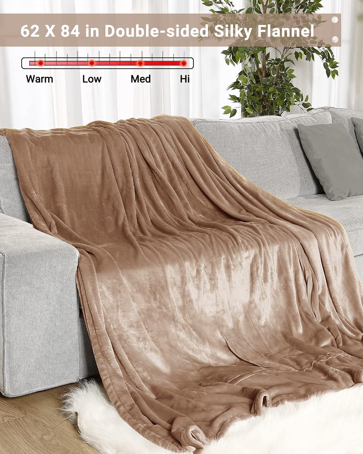 SUNNUY – Manta eléctrica de calor de 62 x 84 pulgadas, manta de franela reversible con 10 horas de apagado automático y 4 niveles de temperatura,