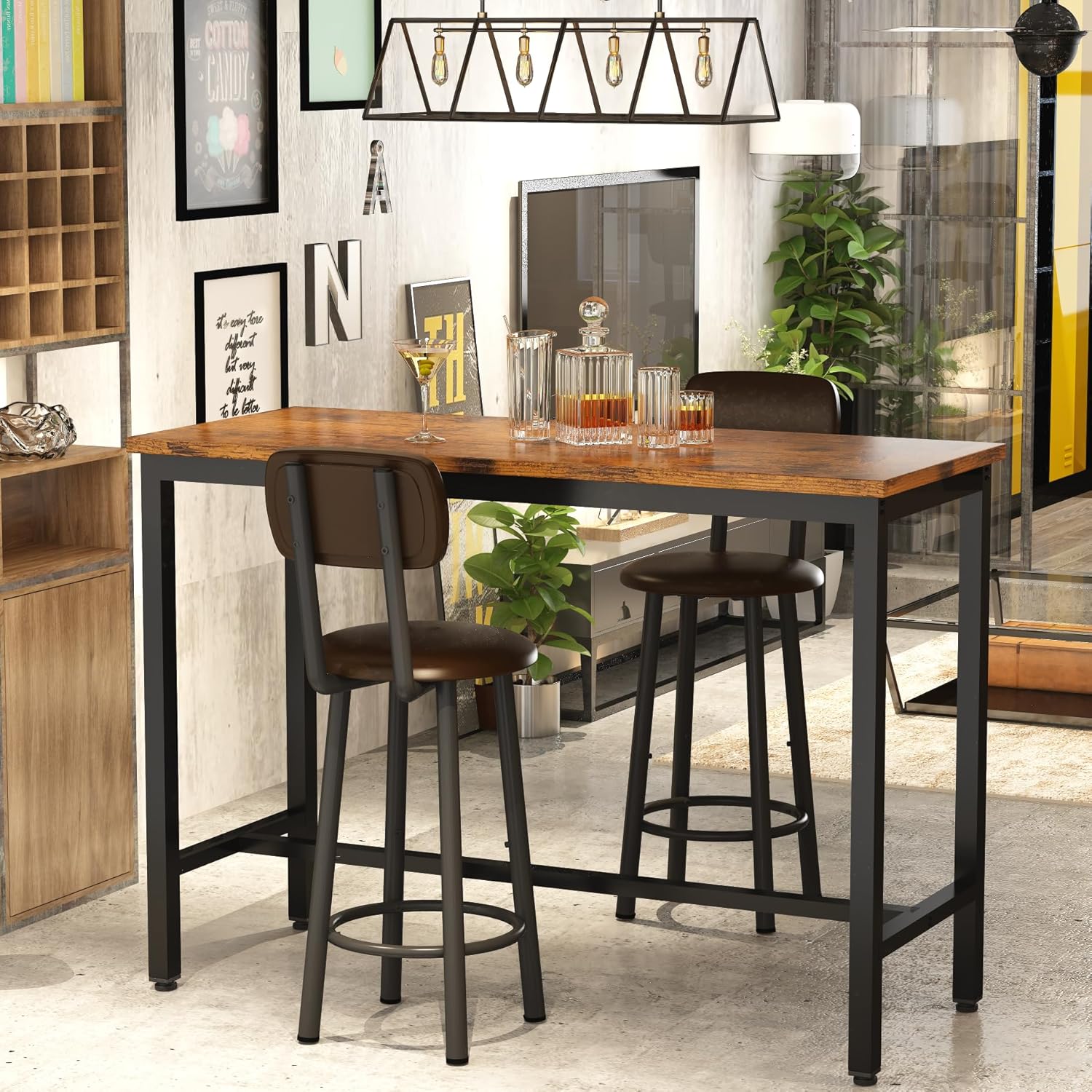 Lamerge Mesa industrial de altura de pub con 2 taburetes tapizados de poliuretano, mesa de cocina y sillas de 3 piezas, apto para comedor, sala de