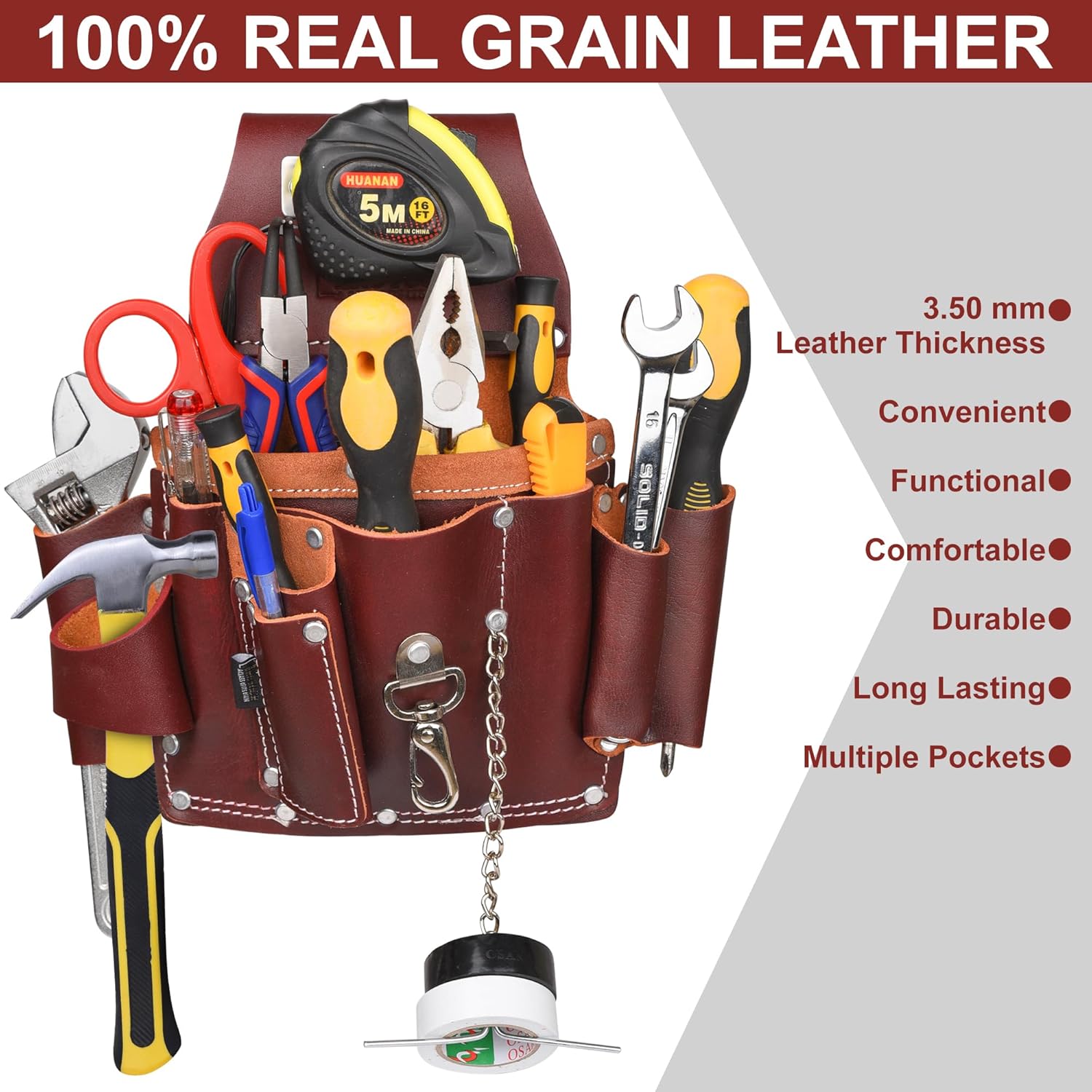 Bolsa de herramientas de electricista de cuero de grano granate, bolsa de herramientas eléctricas de carpintero  Bolsa de electricista para hombres
