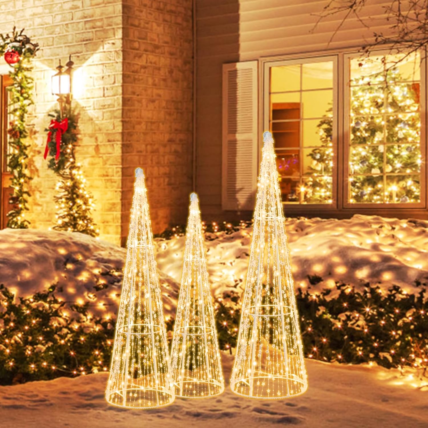 Tangkula Juego de 3 árboles de cono de Navidad iluminados, juego de árbol cónico decorativo de Navidad con cuerdas de estrellas, 90 luces LED