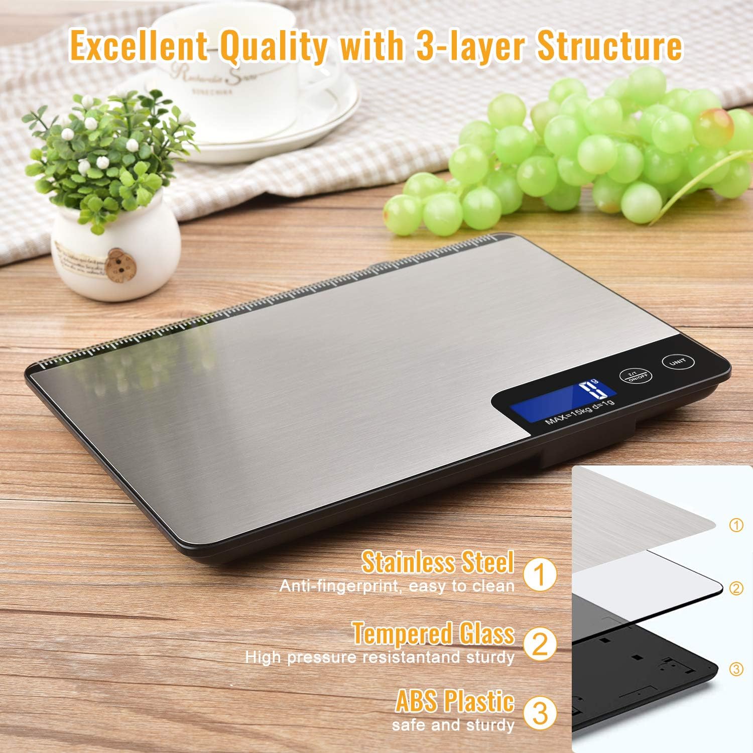 Báscula digital de cocina de 33 libras, área de pesaje grande, báscula electrónica profesional de alimentos, báscula doméstica de acero inoxidable,