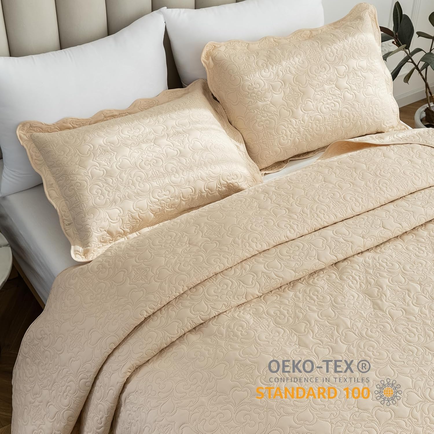 Juego de edredón de 3 piezas tamaño King, colcha de verano suave y ligera, colcha reversible de microfibra para todas las estaciones, beige, patrón