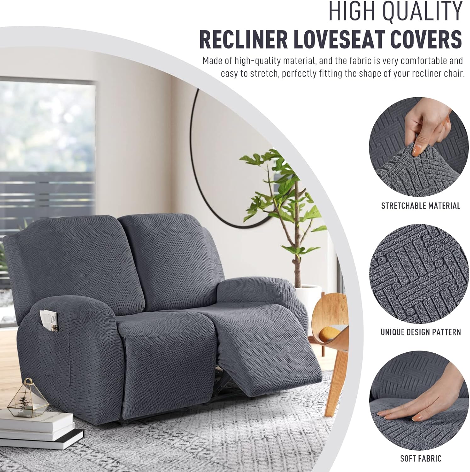 KinCam Fundas reclinables para sofá biplaza, 2 piezas elásticas para sofá reclinable de 2 asientos, fundas protectoras de muebles de jacquard a