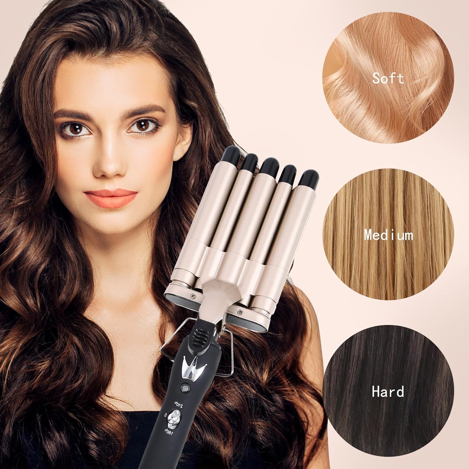 Rizador de pelo de 5 barriles de 0.6 pulgadas, rizador profesional con temperatura ajustable, para cabello corto y largo