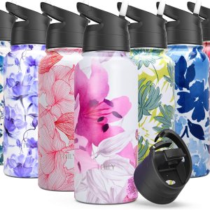THILY Botella de agua deportiva de acero inoxidable aislada al vacío de 32 onzas, botella de agua de boca ancha a prueba de fugas con 2 tapas y THILY Botella de agua deportiva de acero inoxidable aislada al vacío de 32 onzas, botella de agua de boca ancha a prueba de fugas con 2 tapas y