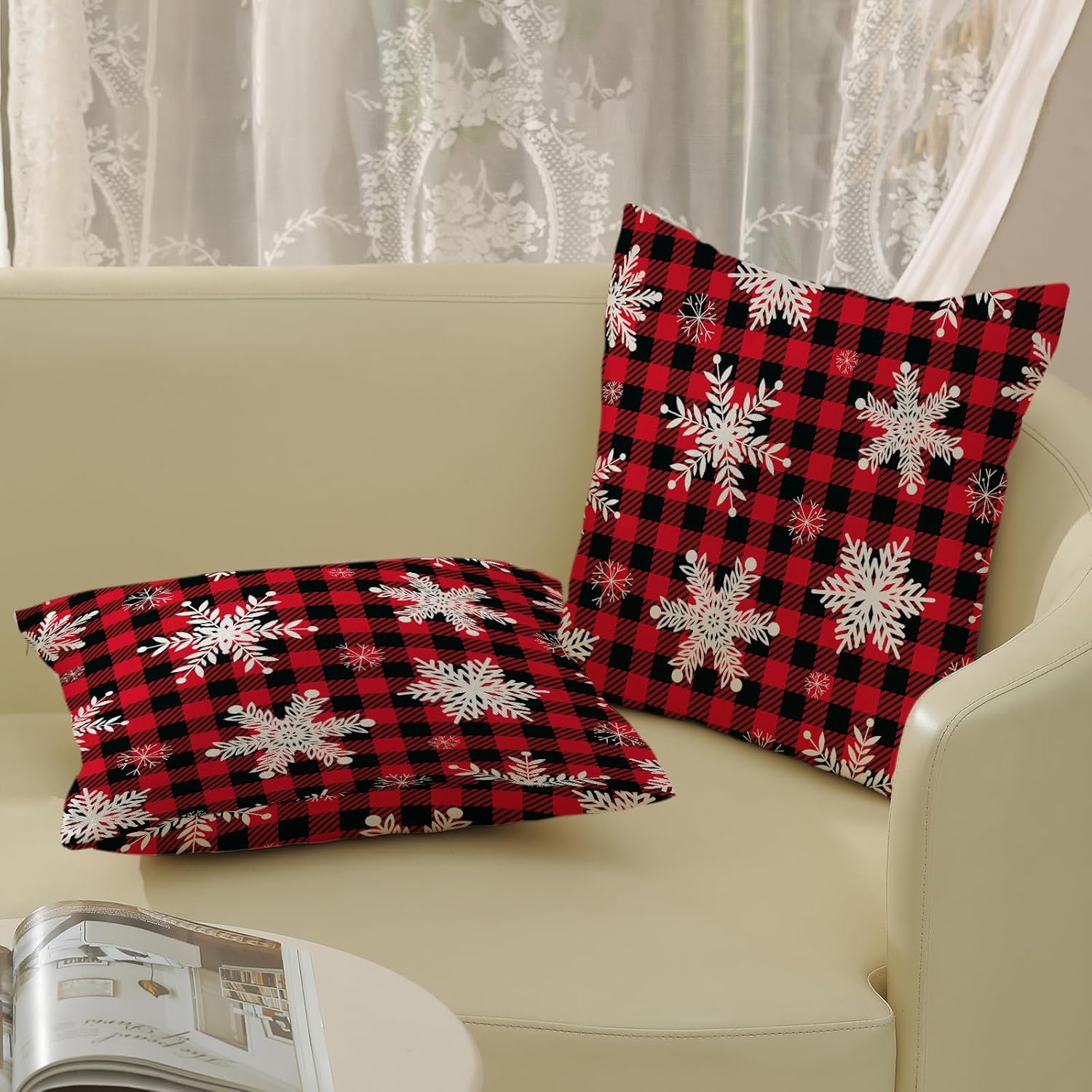 AGAYNA Juego de 2 fundas de almohada de Feliz Navidad de 20 x 20 pulgadas, diseño de búfalo rojo y negro a cuadros, fundas de cojín decorativas para