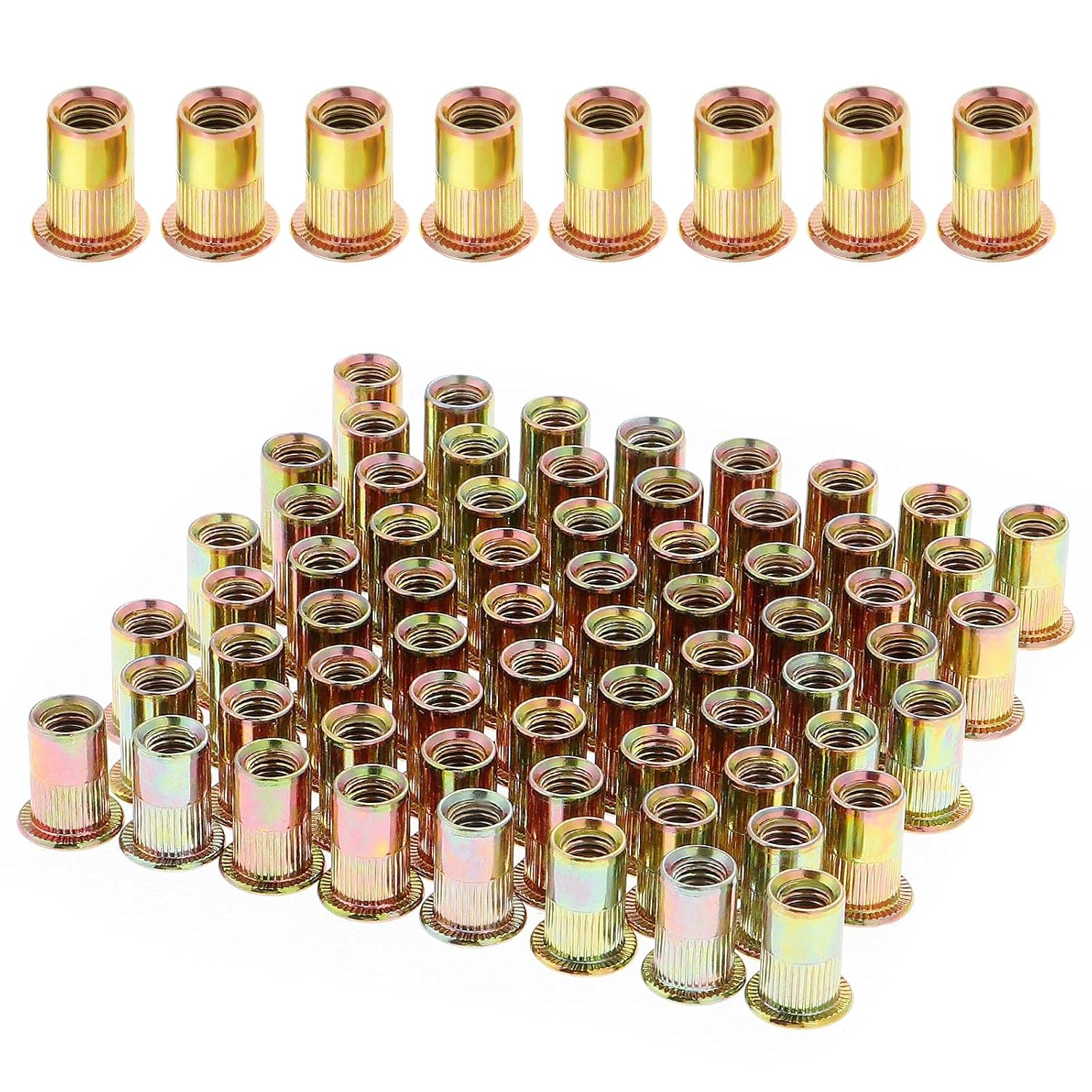 Gueenky 100 tuercas de remache, tuercas de remaches de 14 pulgadas de acero al carbono, M6 de cabeza plana roscada, kit surtido de remaches